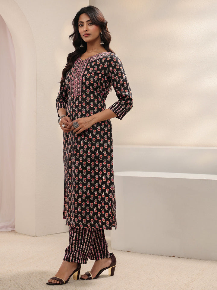 Black Floral Printed Cotton Blend Straight Suit Set With Dupatta