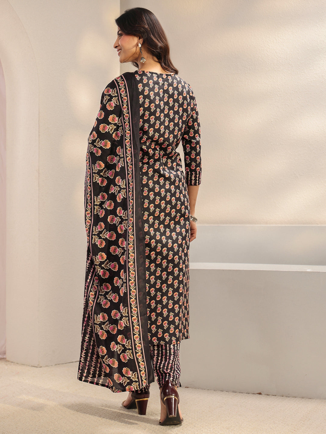 Black Floral Printed Cotton Blend Straight Suit Set With Dupatta