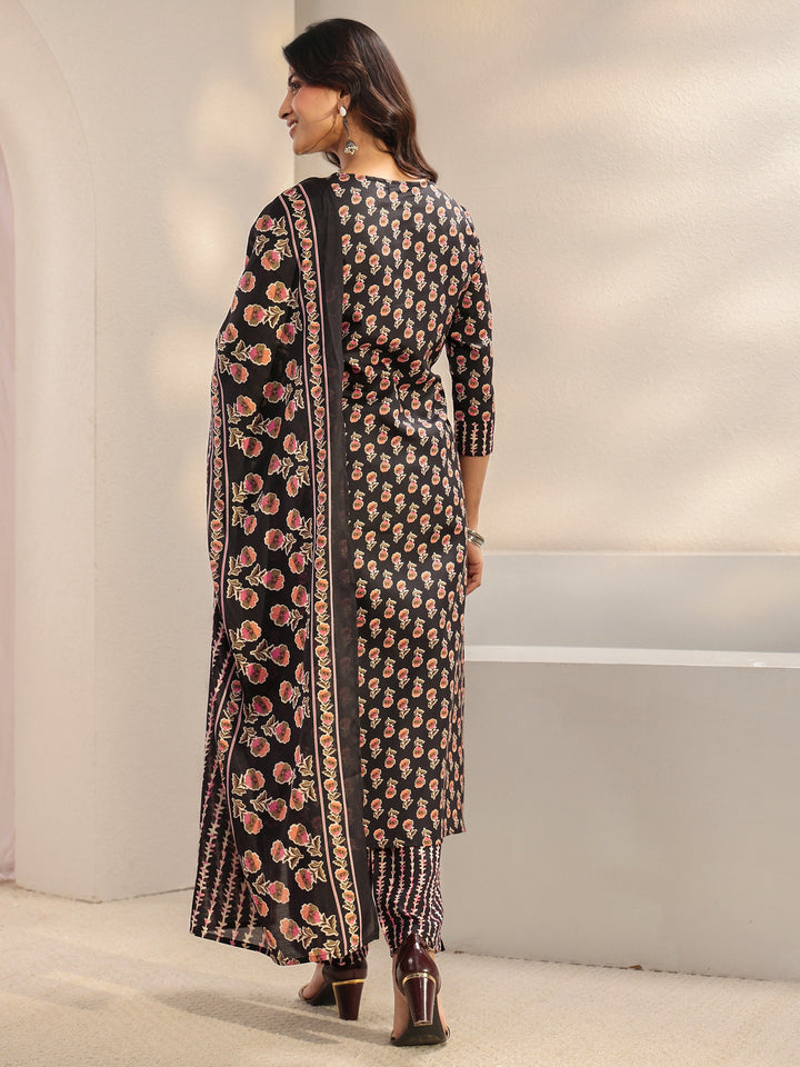 Black Floral Printed Cotton Blend Straight Suit Set With Dupatta
