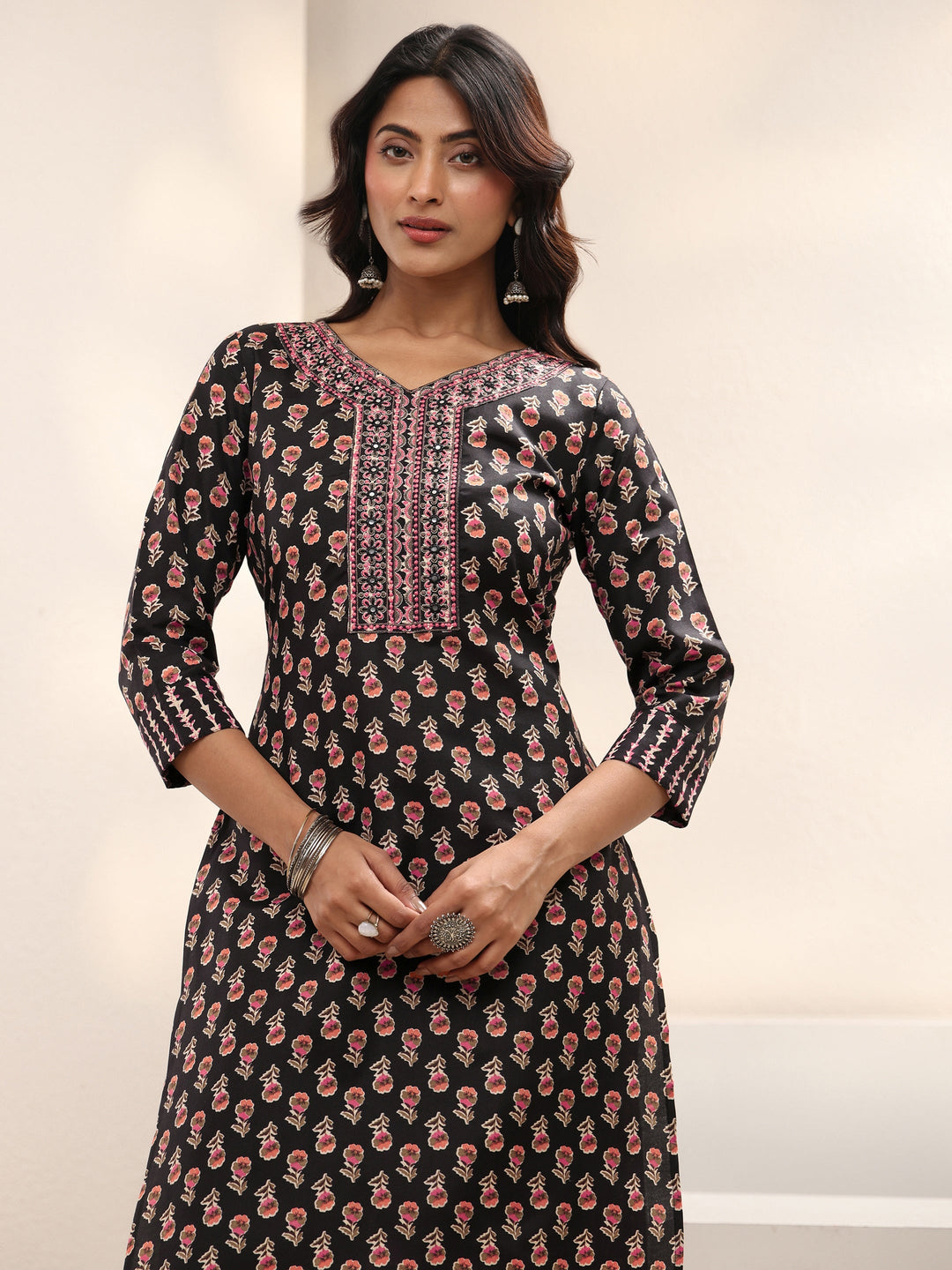 Black Floral Printed Cotton Blend Straight Suit Set With Dupatta