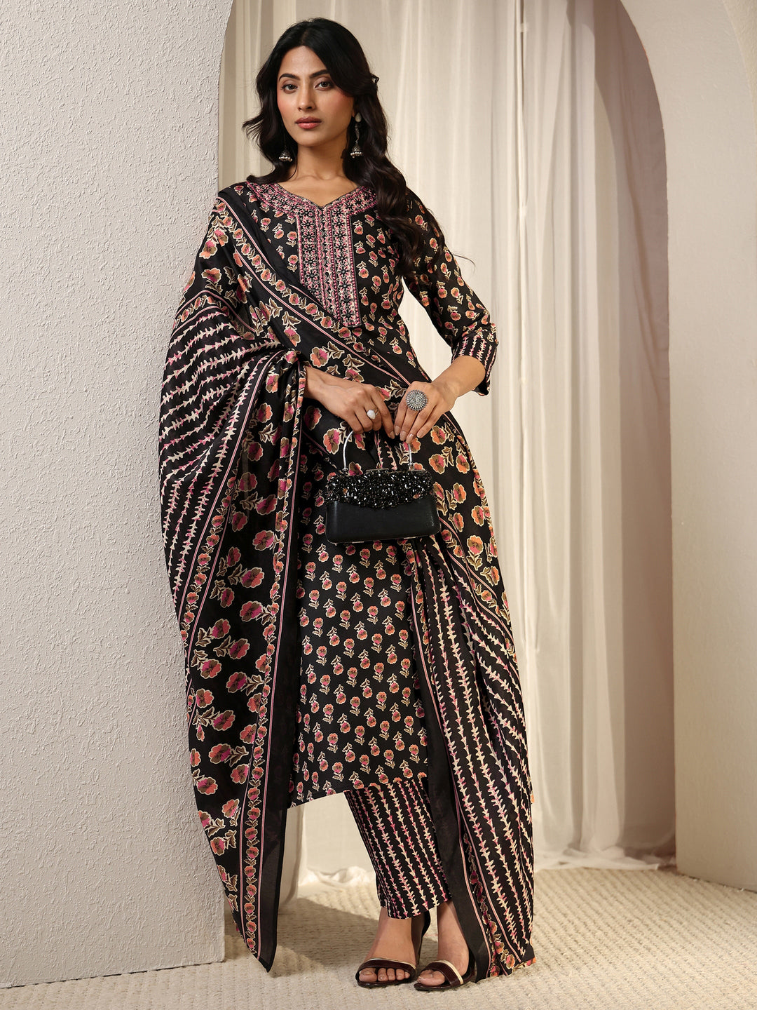 Black Floral Printed Cotton Blend Straight Suit Set With Dupatta