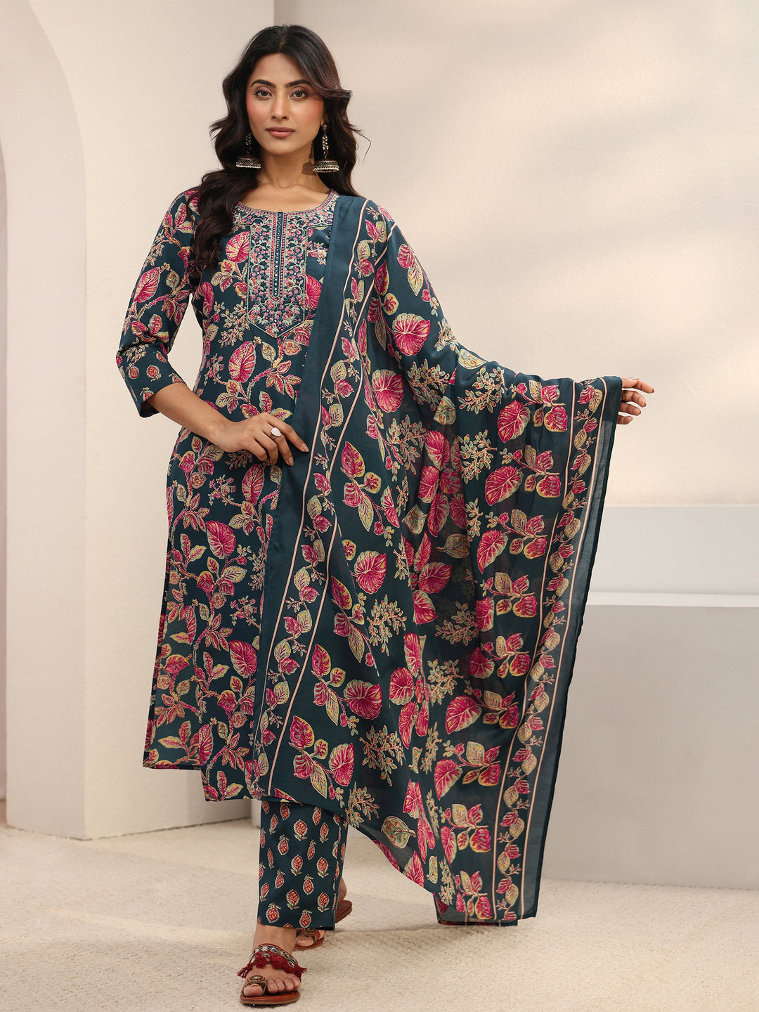 Teal Floral Printed Cotton Blend Straight Suit Set With Dupatta