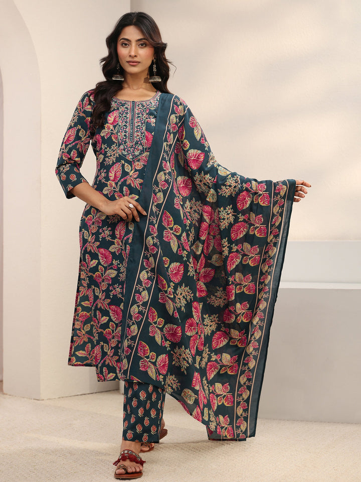 Teal Floral Printed Cotton Blend Straight Suit Set With Dupatta