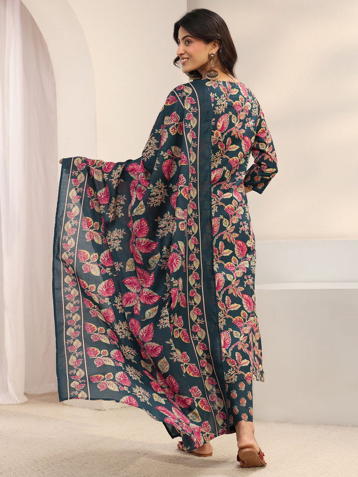 Teal Floral Printed Cotton Blend Straight Suit Set With Dupatta