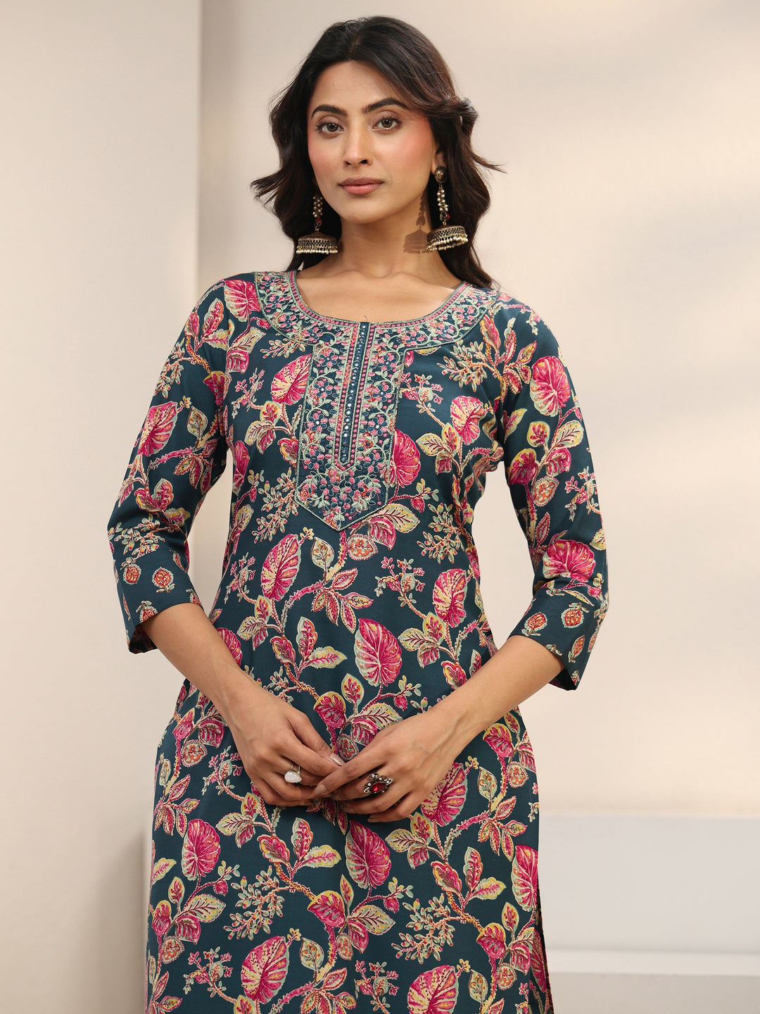 Teal Floral Printed Cotton Blend Straight Suit Set With Dupatta