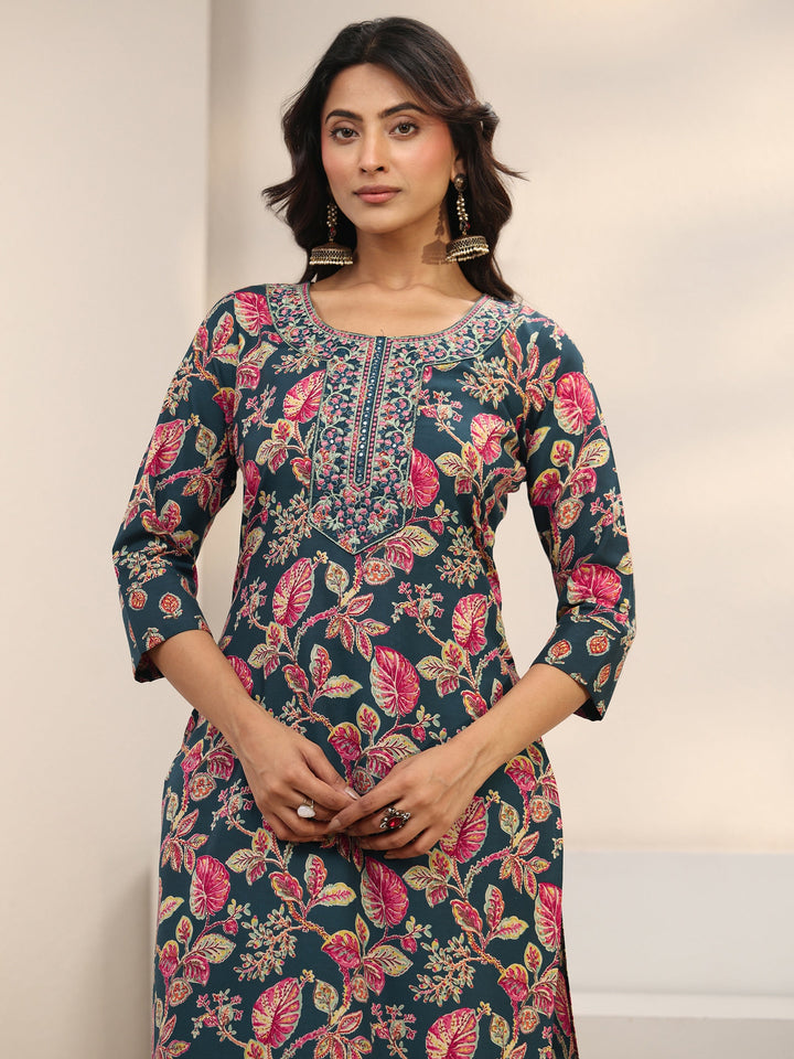 Teal Floral Printed Cotton Blend Straight Suit Set With Dupatta
