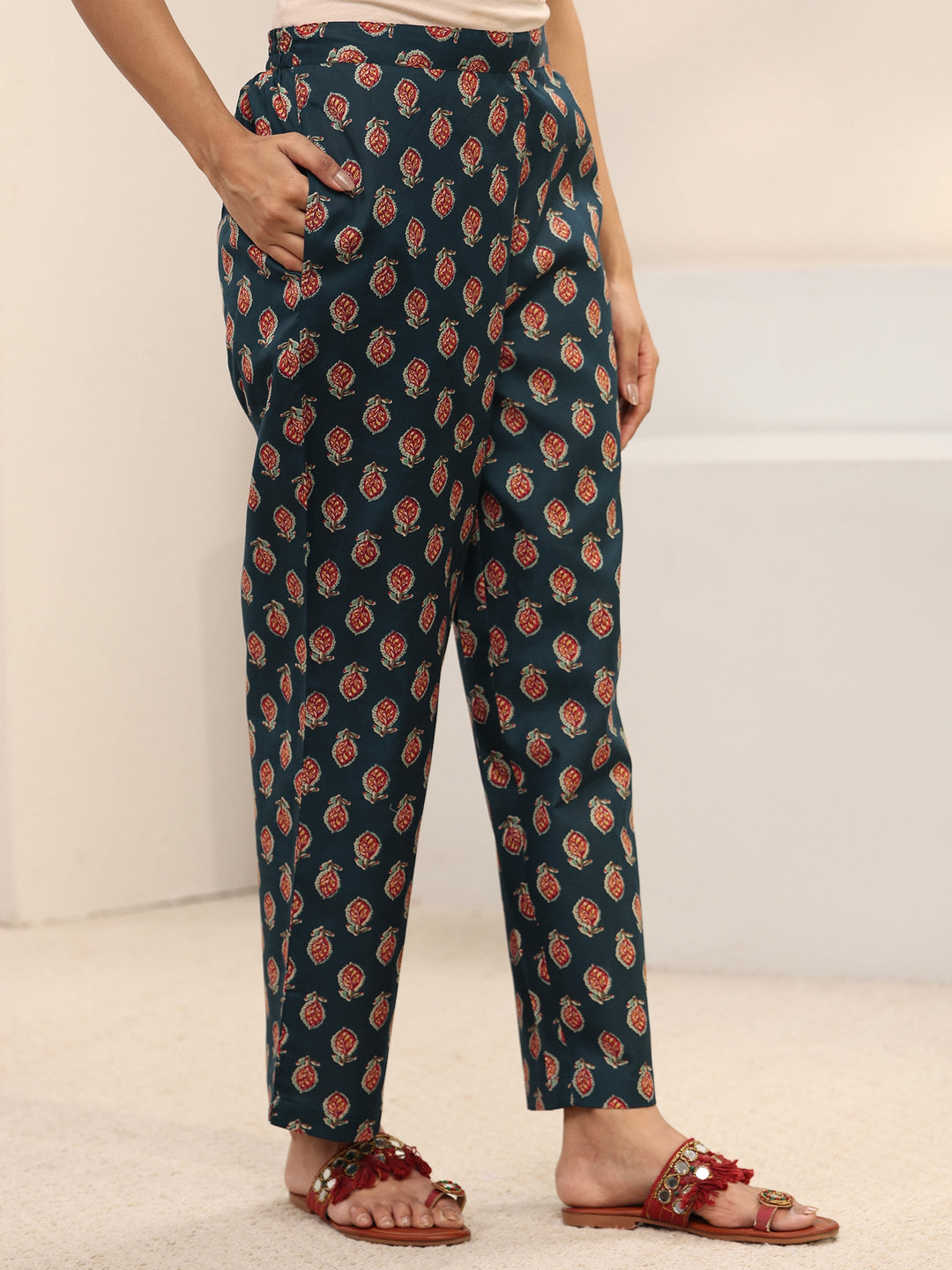Teal Floral Printed Cotton Blend Straight Suit Set With Dupatta