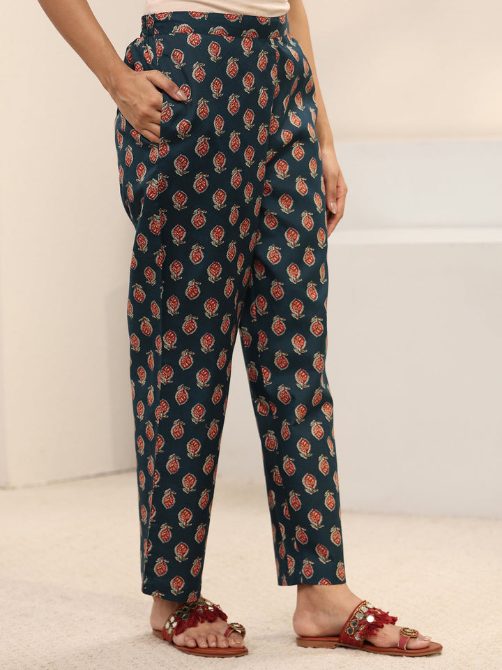 Teal Floral Printed Cotton Blend Straight Suit Set With Dupatta