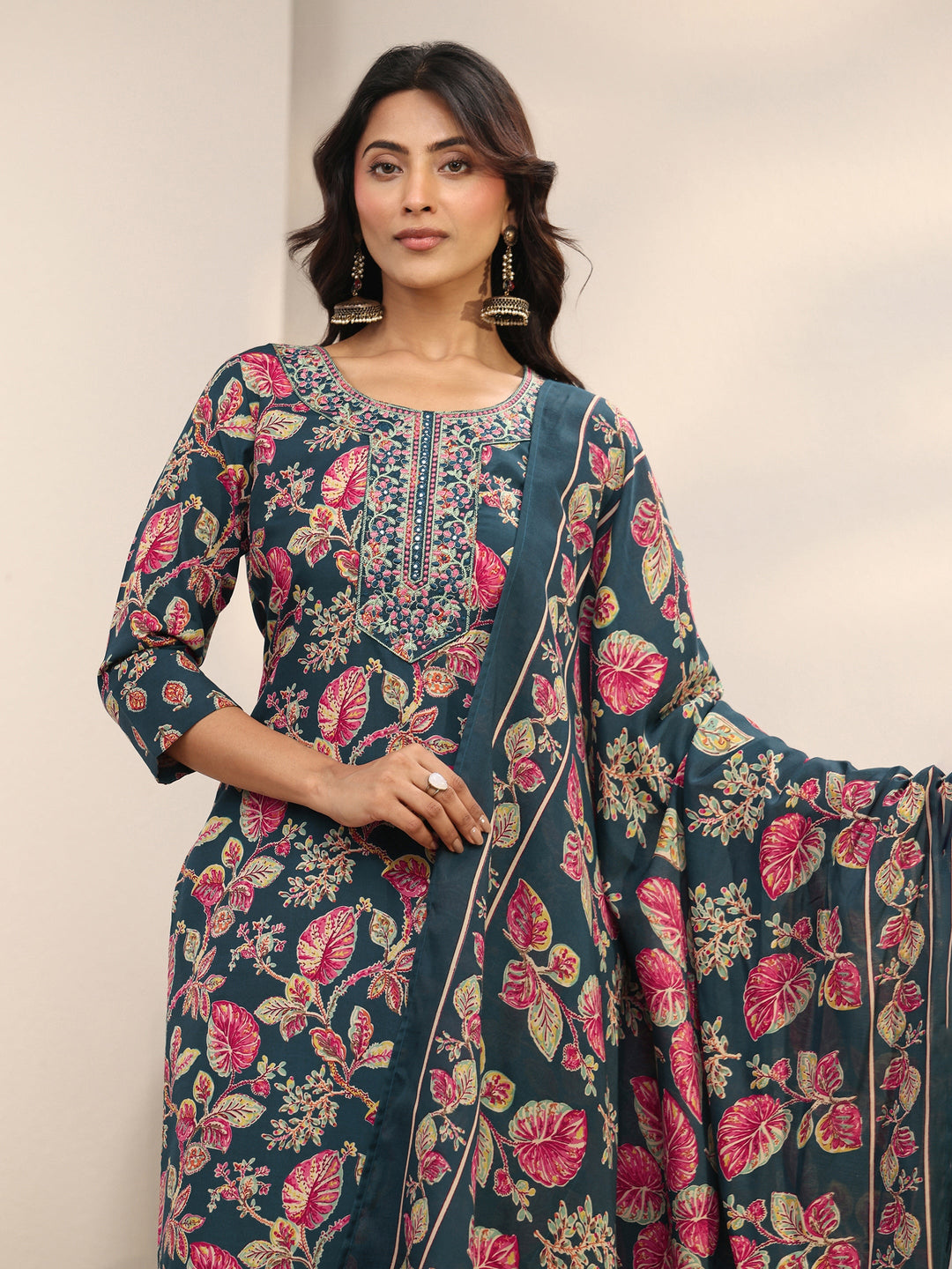 Teal Floral Printed Cotton Blend Straight Suit Set With Dupatta
