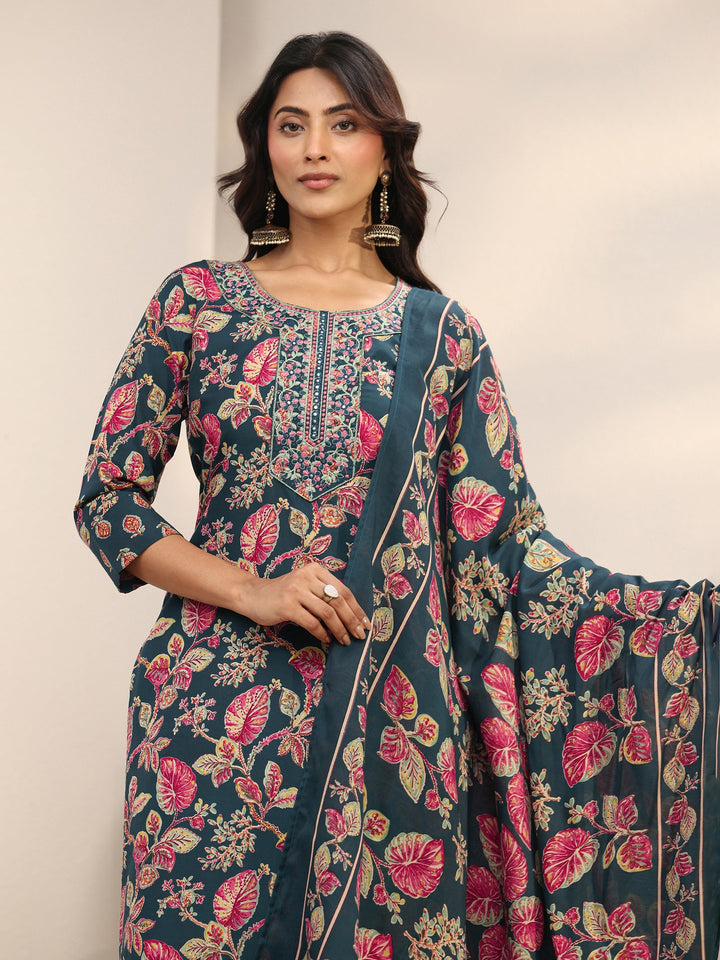 Teal Floral Printed Cotton Blend Straight Suit Set With Dupatta