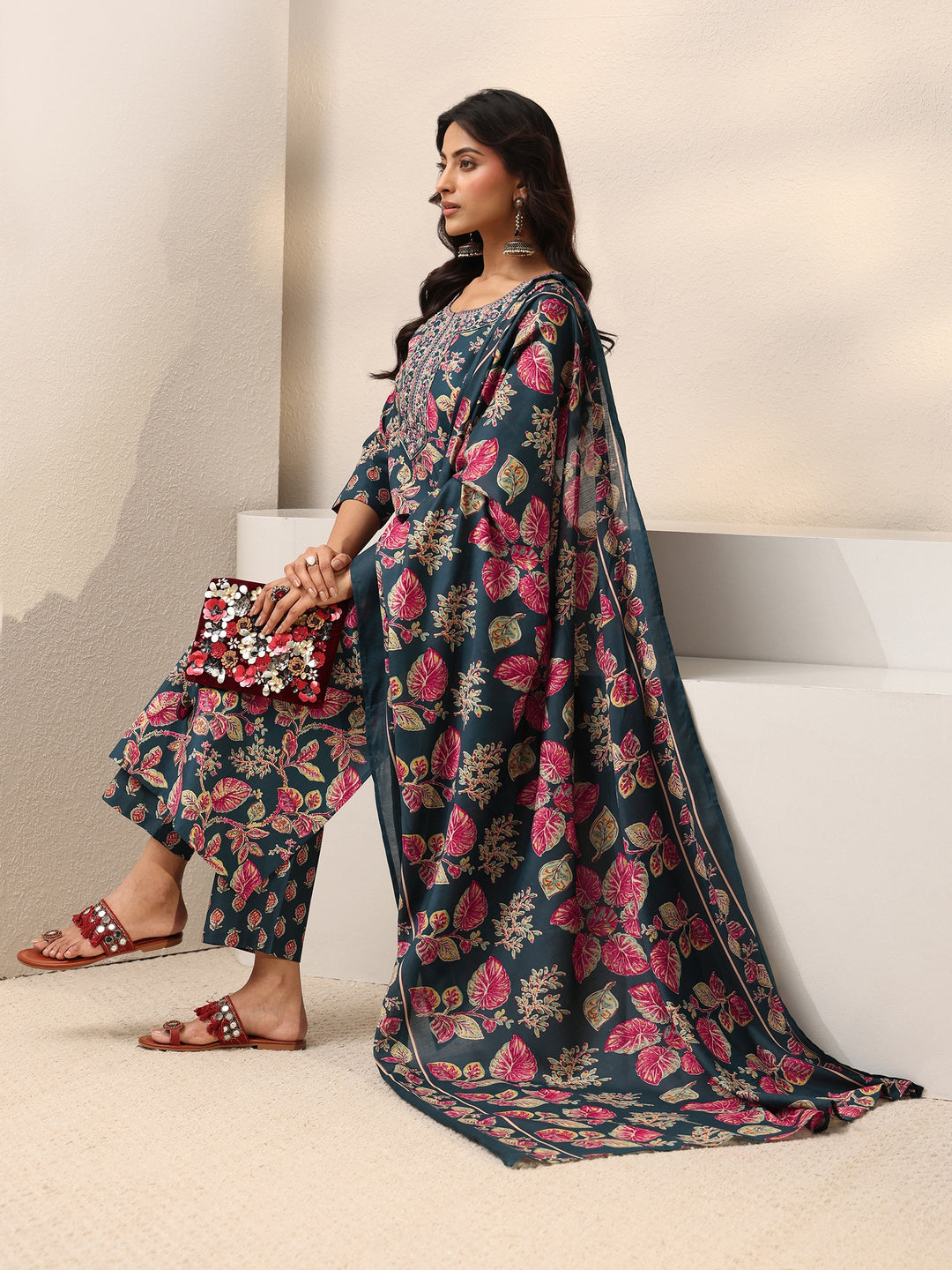 Teal Floral Printed Cotton Blend Straight Suit Set With Dupatta