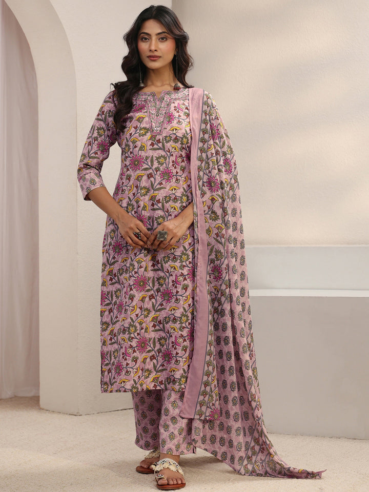 Pink Floral Printed Cotton Blend Straight Suit Set With Dupatta