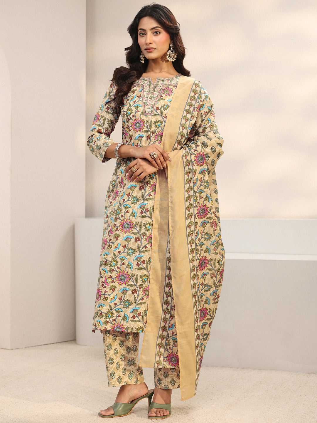Beige Floral Printed Cotton Blend Straight Suit Set With Dupatta