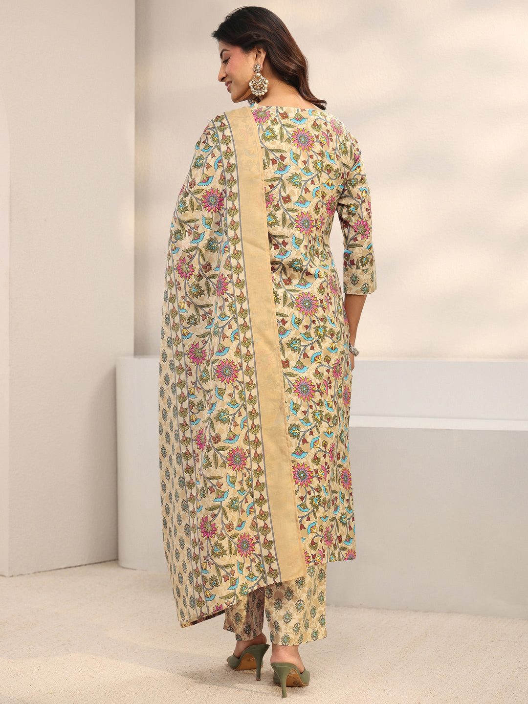 Beige Floral Printed Cotton Blend Straight Suit Set With Dupatta