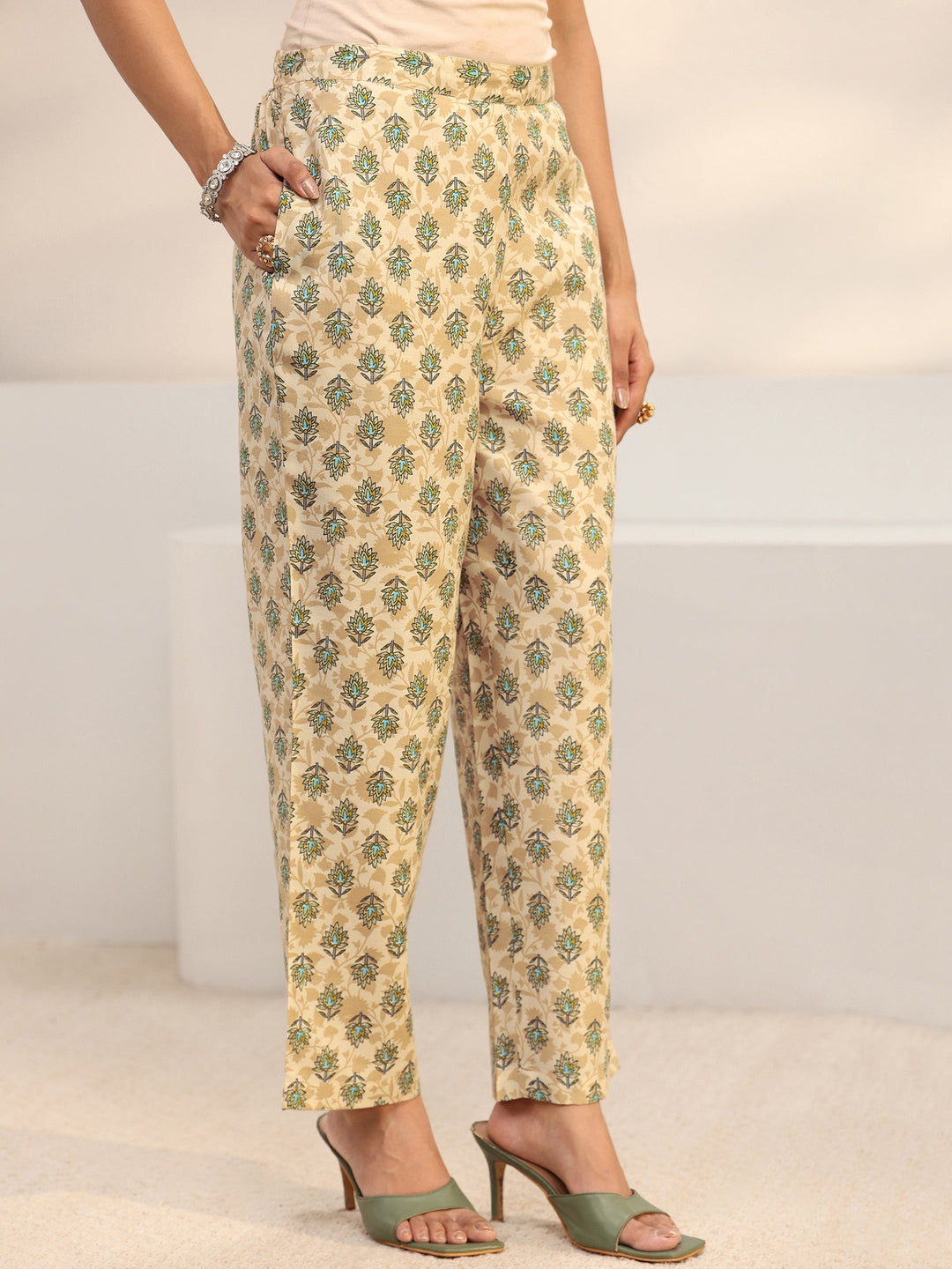 Beige Floral Printed Cotton Blend Straight Suit Set With Dupatta