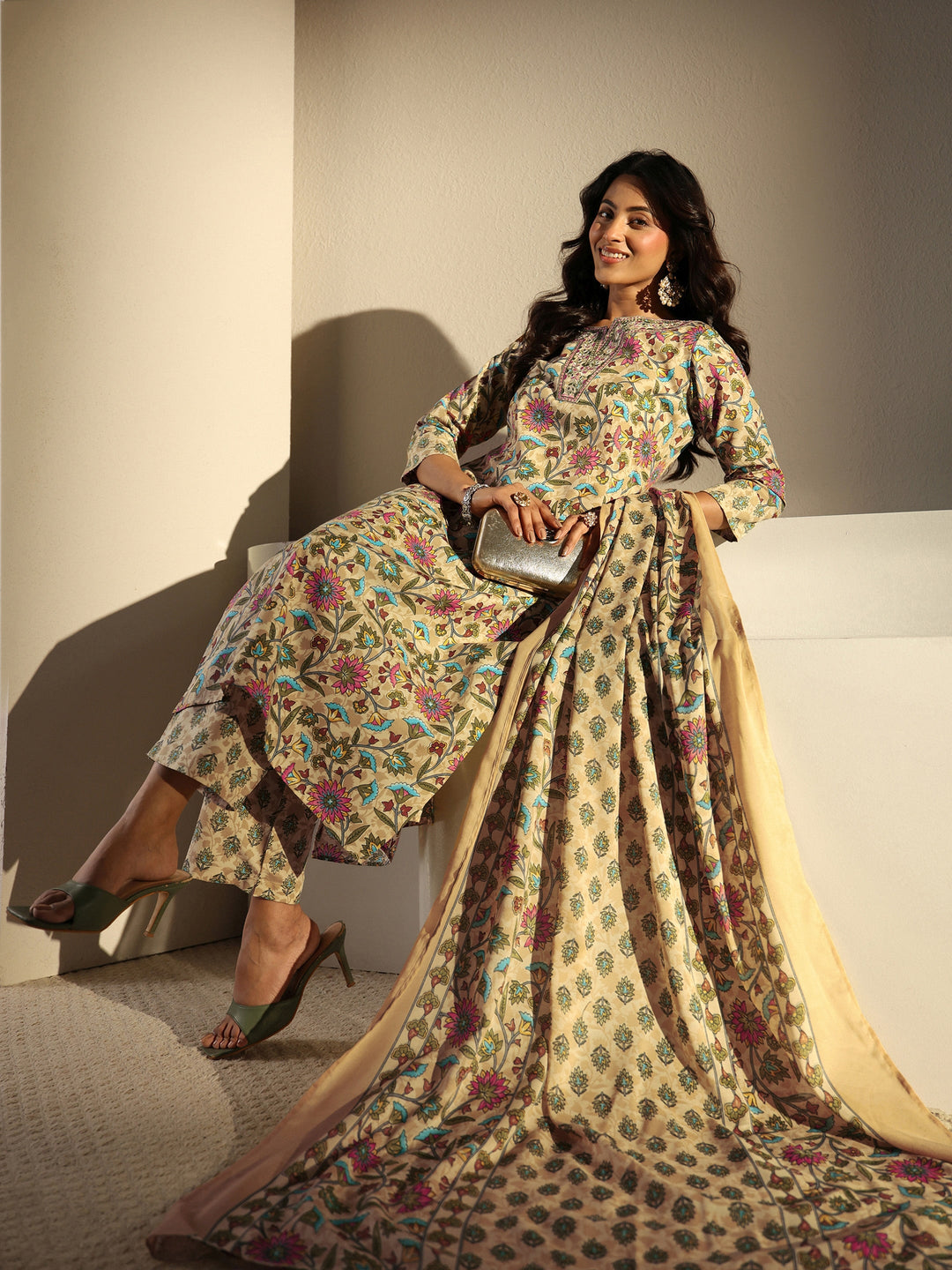 Beige Floral Printed Cotton Blend Straight Suit Set With Dupatta