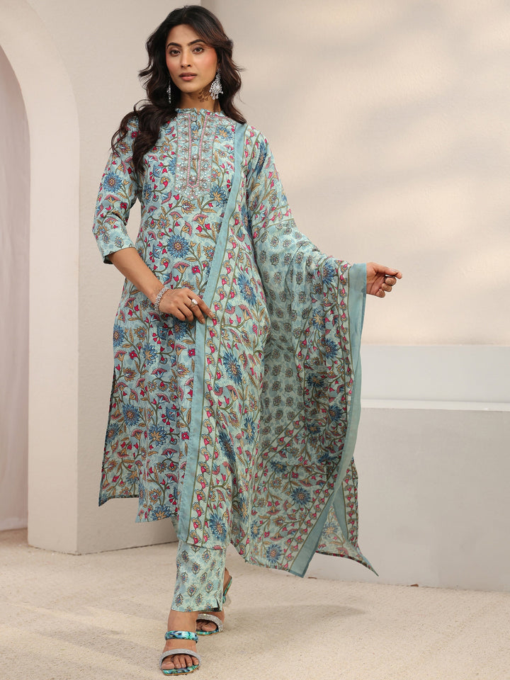 Blue Floral Printed Cotton Blend Straight Suit Set With Dupatta