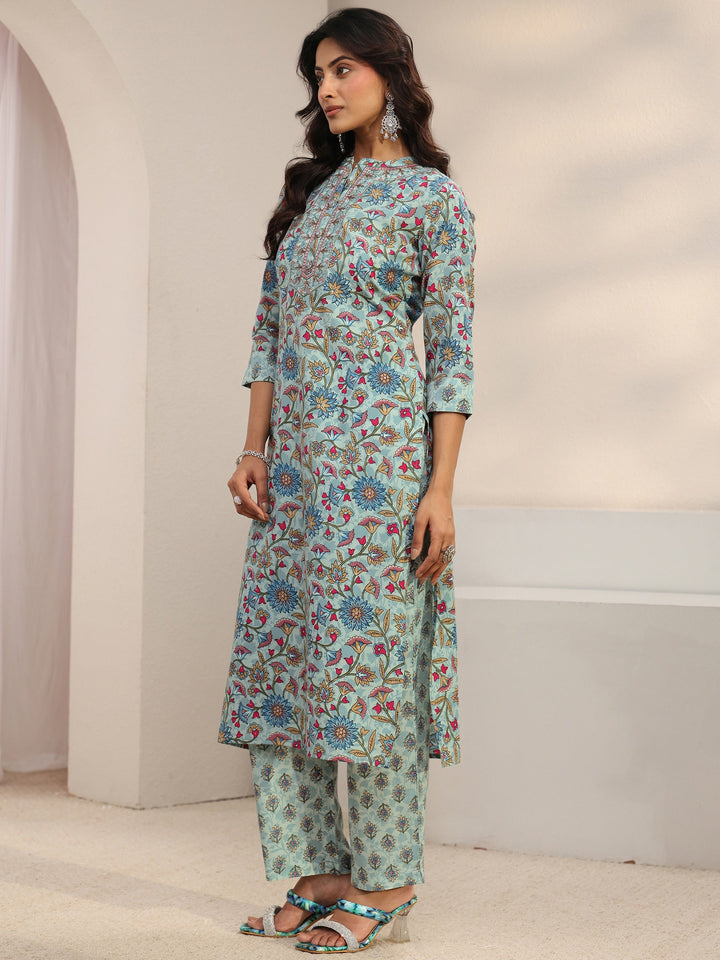 Blue Floral Printed Cotton Blend Straight Suit Set With Dupatta