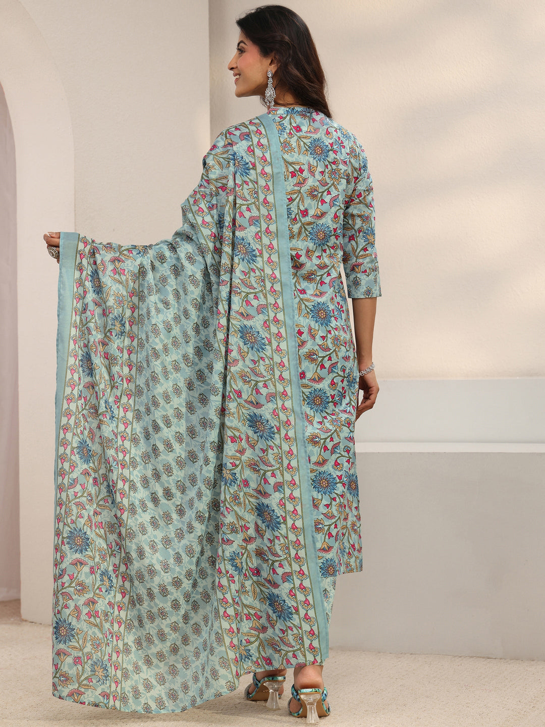 Blue Floral Printed Cotton Blend Straight Suit Set With Dupatta