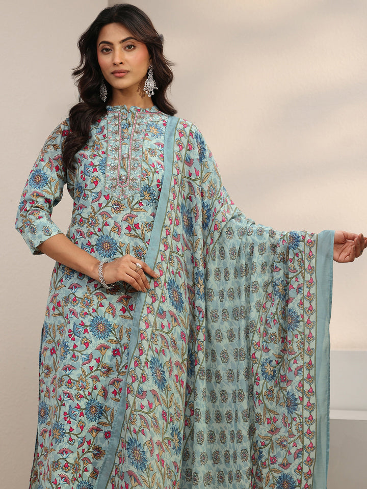 Blue Floral Printed Cotton Blend Straight Suit Set With Dupatta