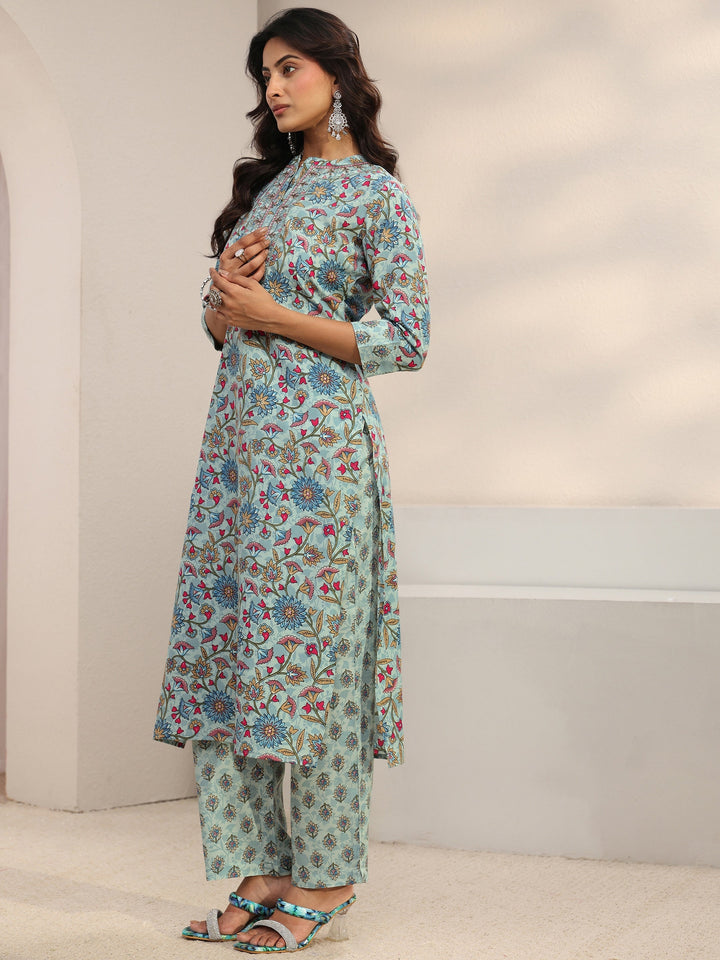 Blue Floral Printed Cotton Blend Straight Suit Set With Dupatta