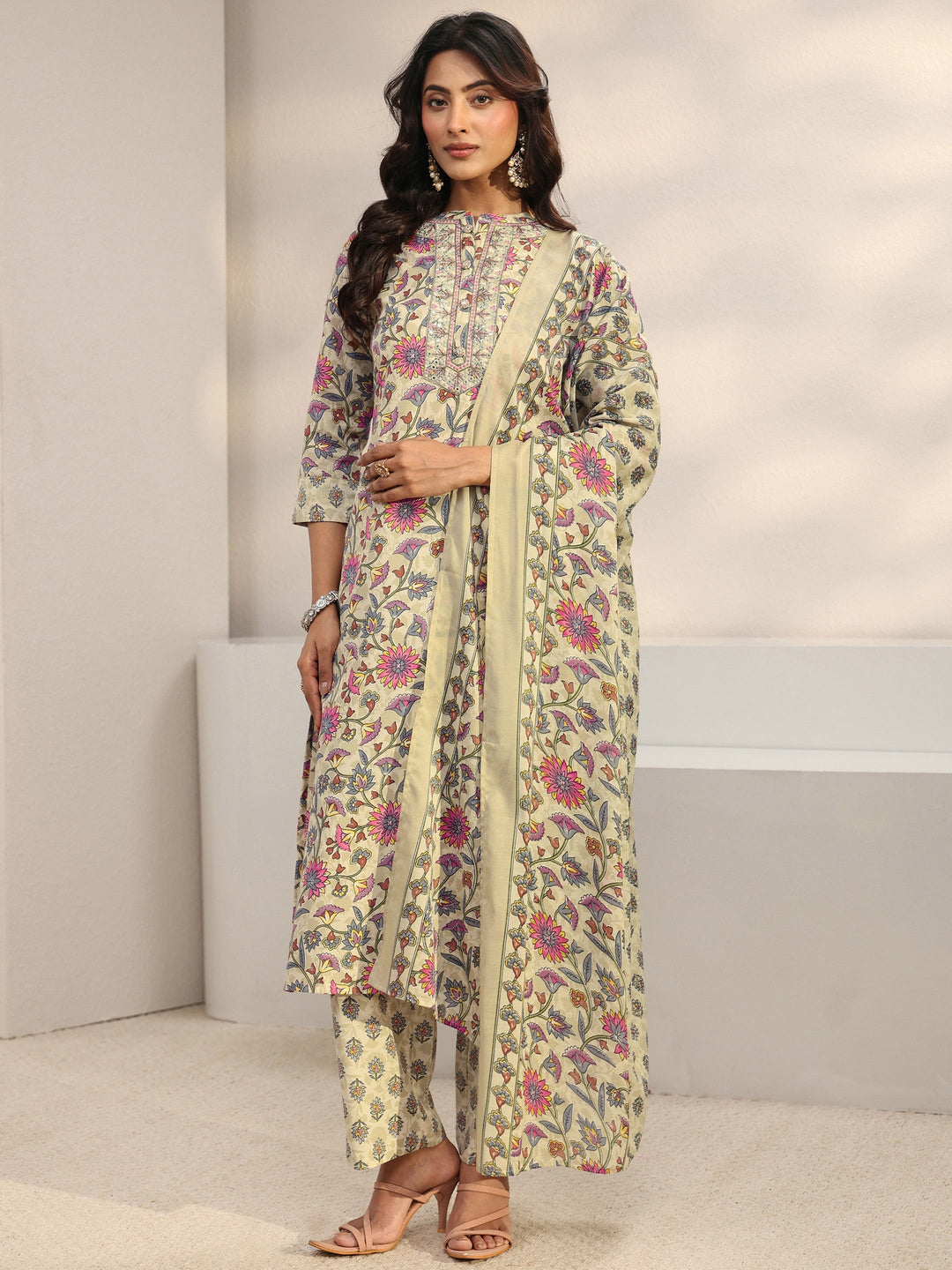 Beige Floral Printed Cotton Blend Straight Suit Set With Dupatta