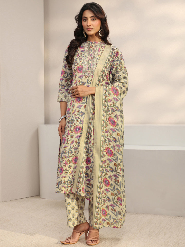 Beige Floral Printed Cotton Blend Straight Suit Set With Dupatta