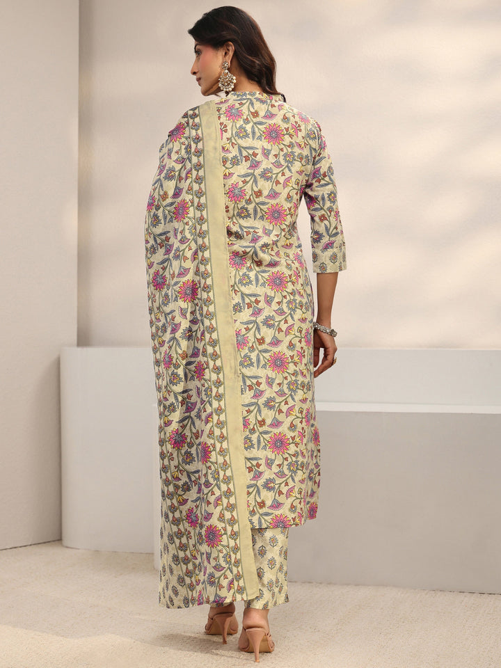Beige Floral Printed Cotton Blend Straight Suit Set With Dupatta
