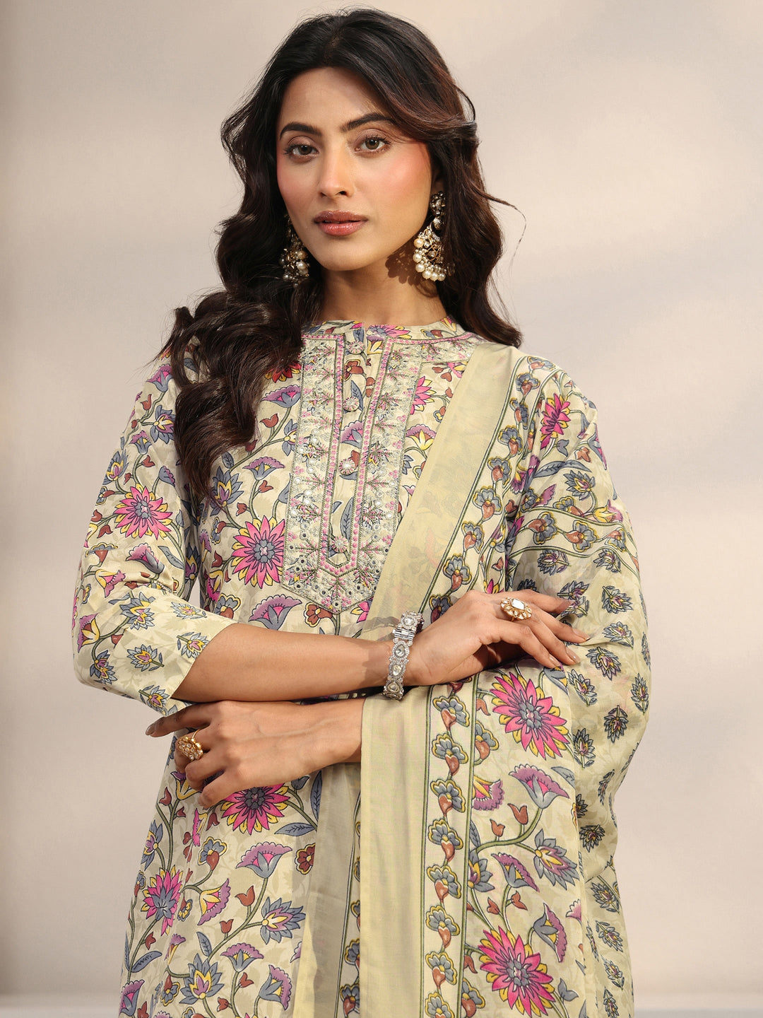 Beige Floral Printed Cotton Blend Straight Suit Set With Dupatta