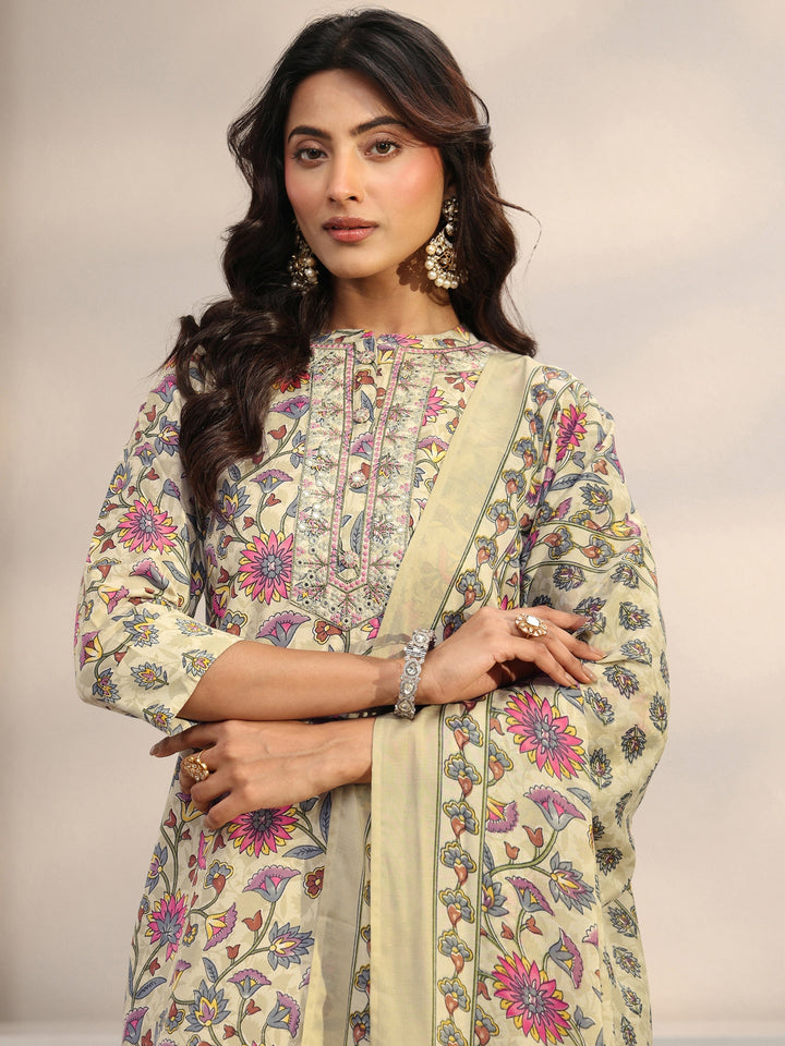 Beige Floral Printed Cotton Blend Straight Suit Set With Dupatta