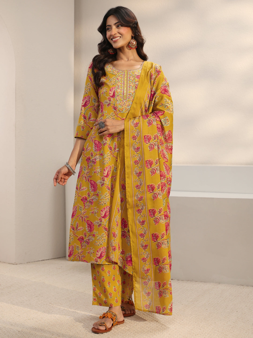 Mustard Floral Printed Cotton Blend Straight Suit Set With Dupatta