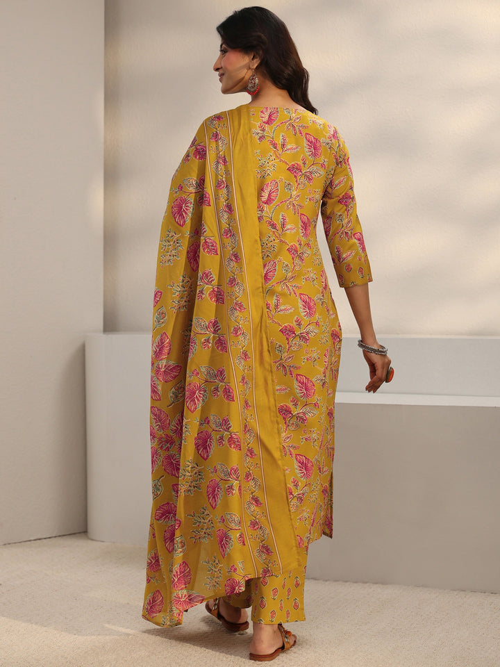 Mustard Floral Printed Cotton Blend Straight Suit Set With Dupatta