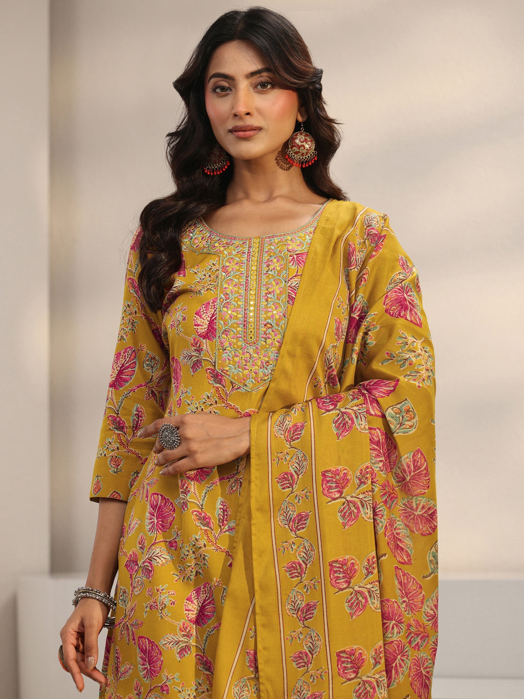 Mustard Floral Printed Cotton Blend Straight Suit Set With Dupatta
