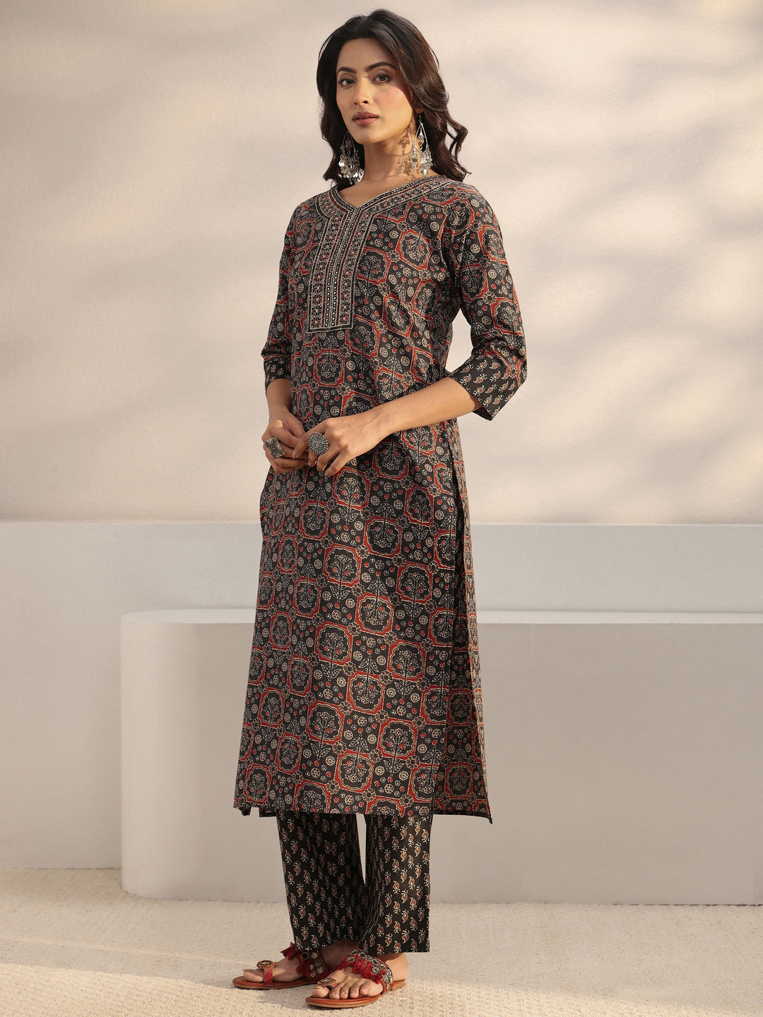 Black Ethnic Printed Cotton Blend Straight Suit Set With Dupatta