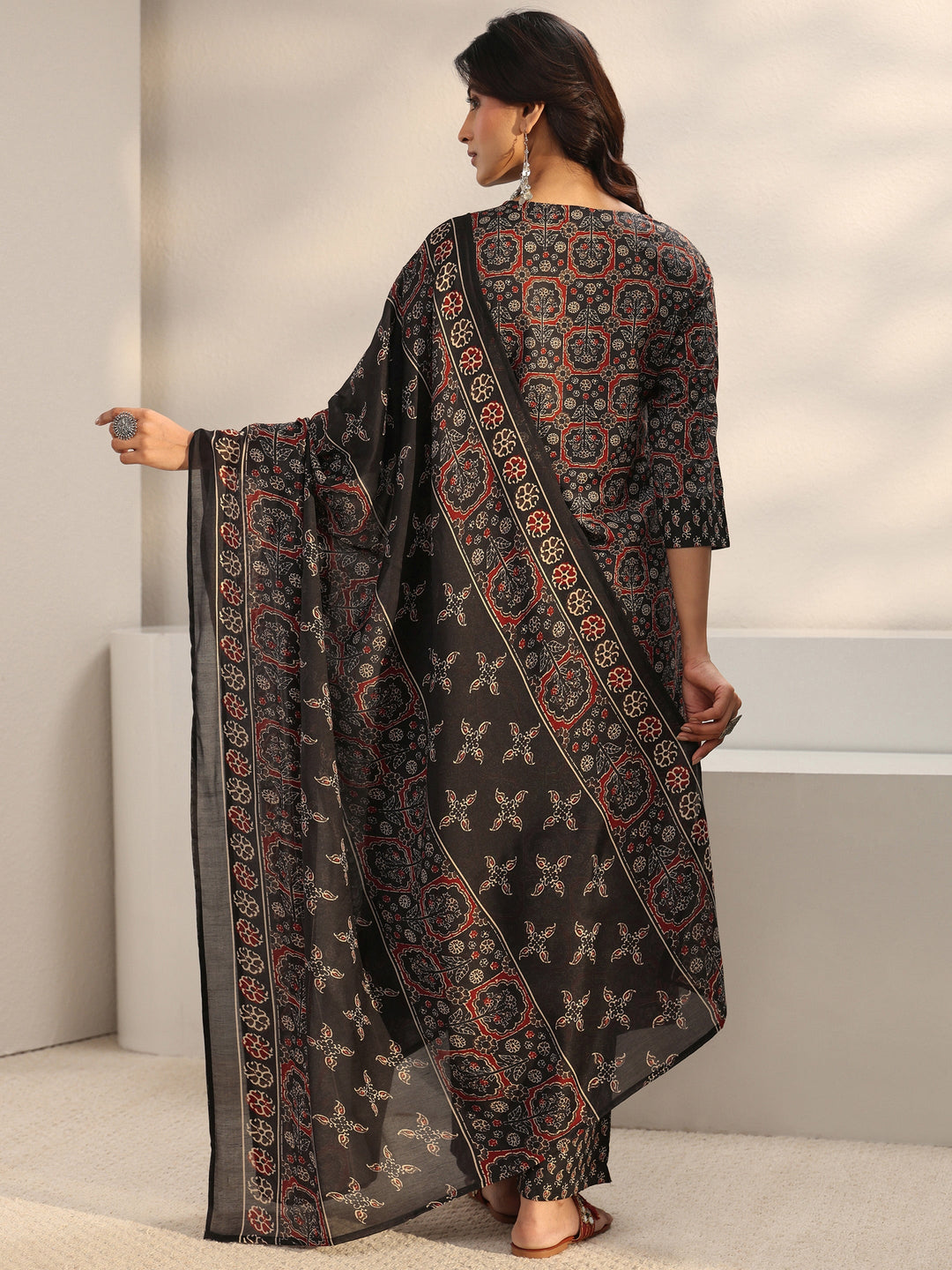 Black Ethnic Printed Cotton Blend Straight Suit Set With Dupatta