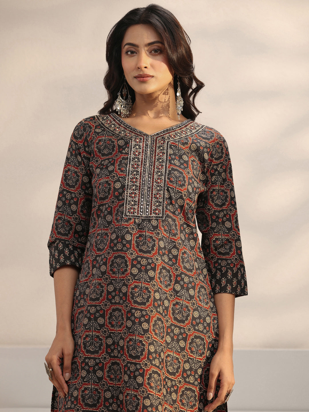 Black Ethnic Printed Cotton Blend Straight Suit Set With Dupatta