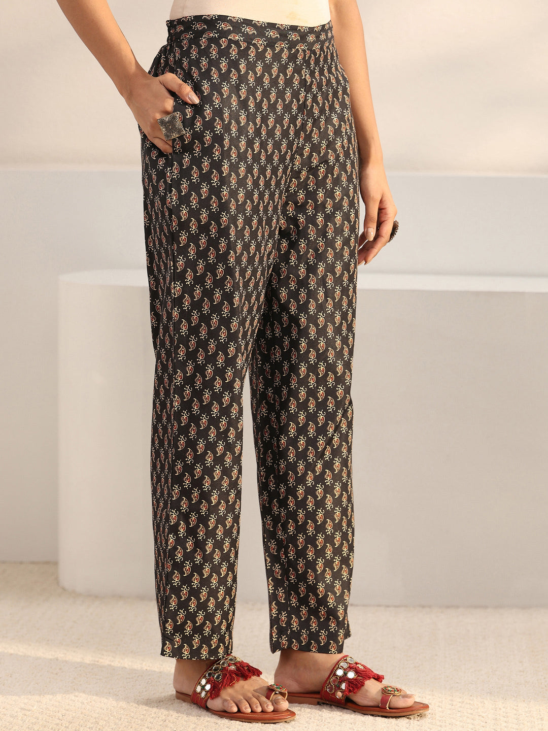 Black Ethnic Printed Cotton Blend Straight Suit Set With Dupatta