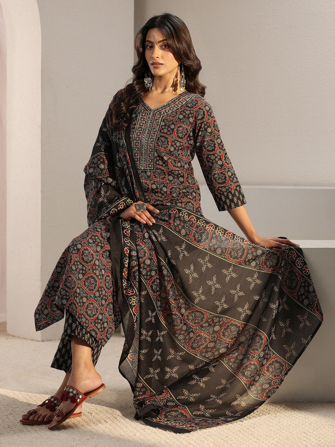 Black Ethnic Printed Cotton Blend Straight Suit Set With Dupatta