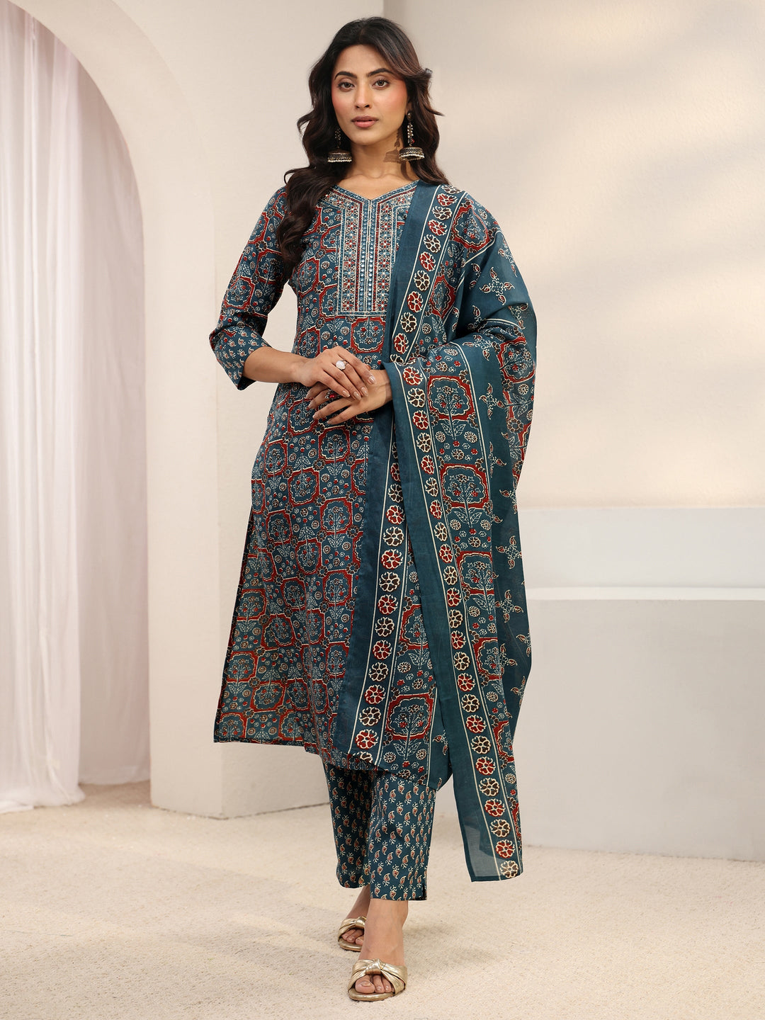 Blue Ethnic Printed Cotton Blend Straight Suit Set With Dupatta