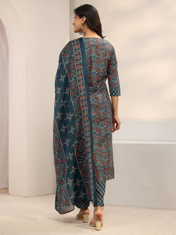 Blue Ethnic Printed Cotton Blend Straight Suit Set With Dupatta