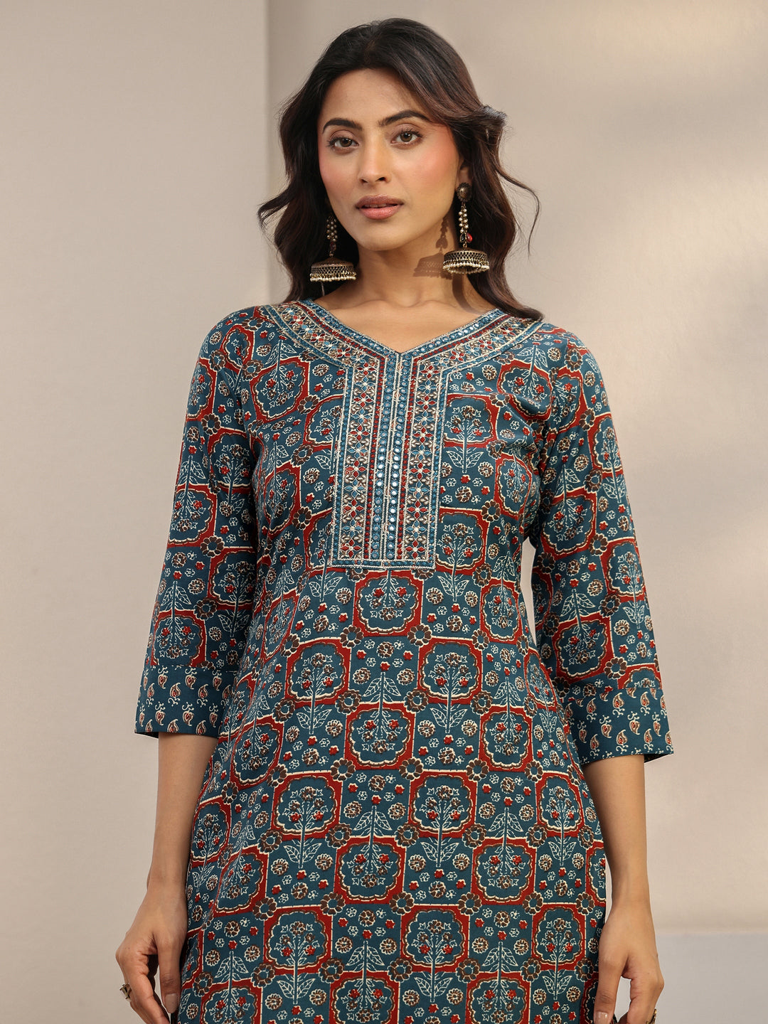Blue Ethnic Printed Cotton Blend Straight Suit Set With Dupatta