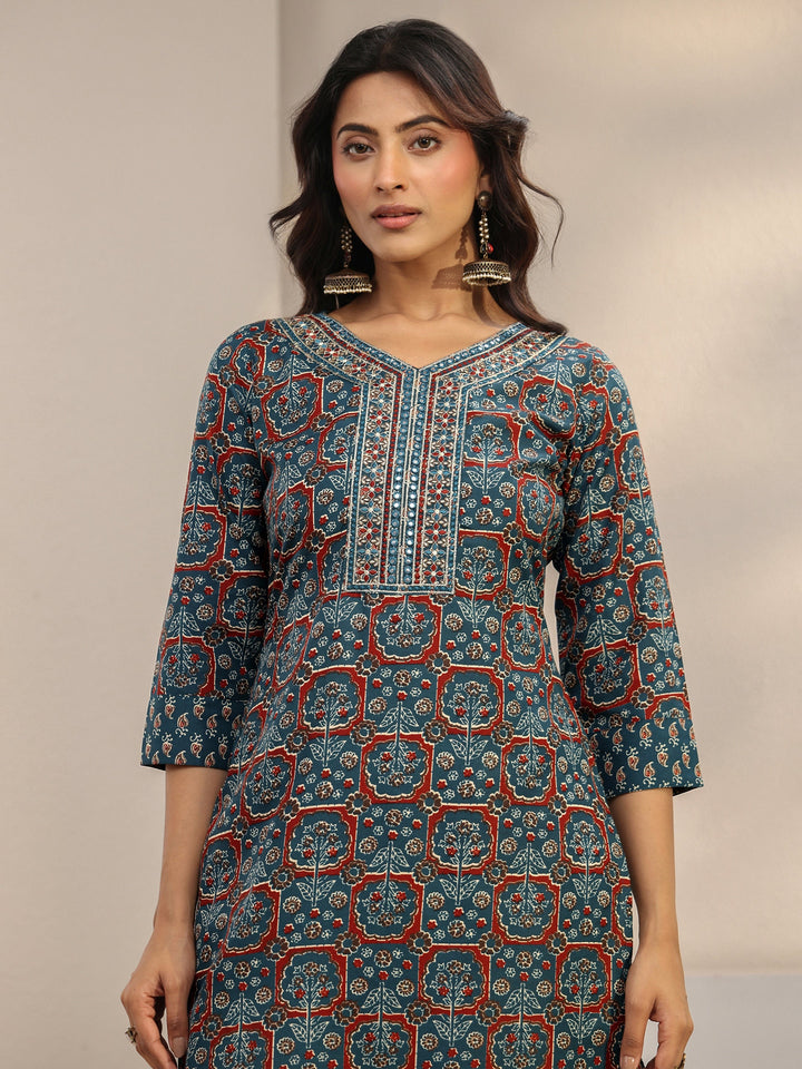 Blue Ethnic Printed Cotton Blend Straight Suit Set With Dupatta