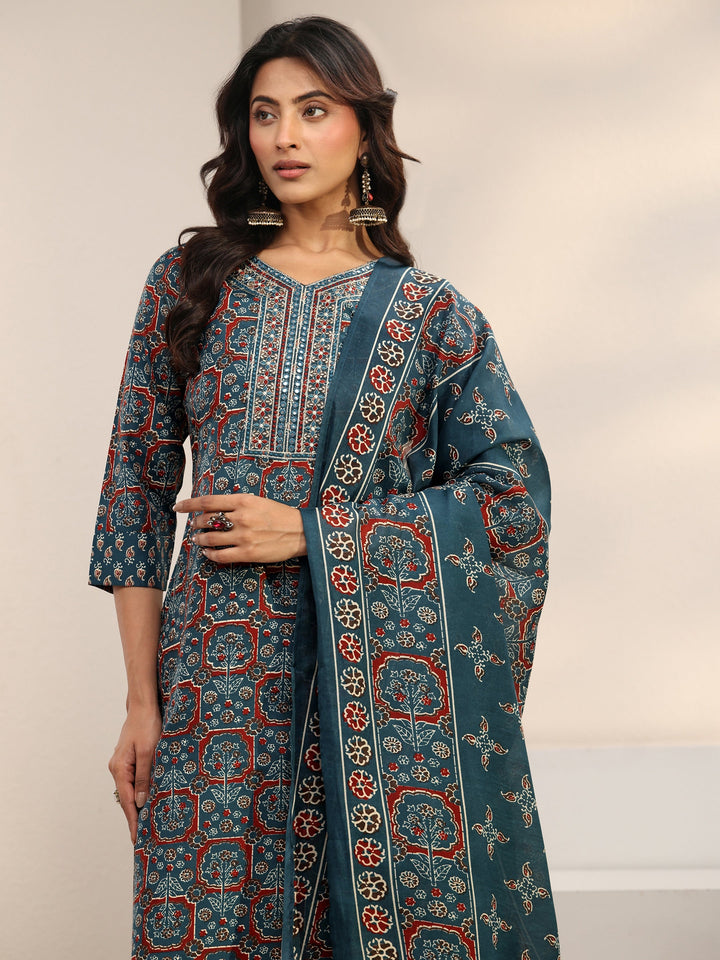 Blue Ethnic Printed Cotton Blend Straight Suit Set With Dupatta