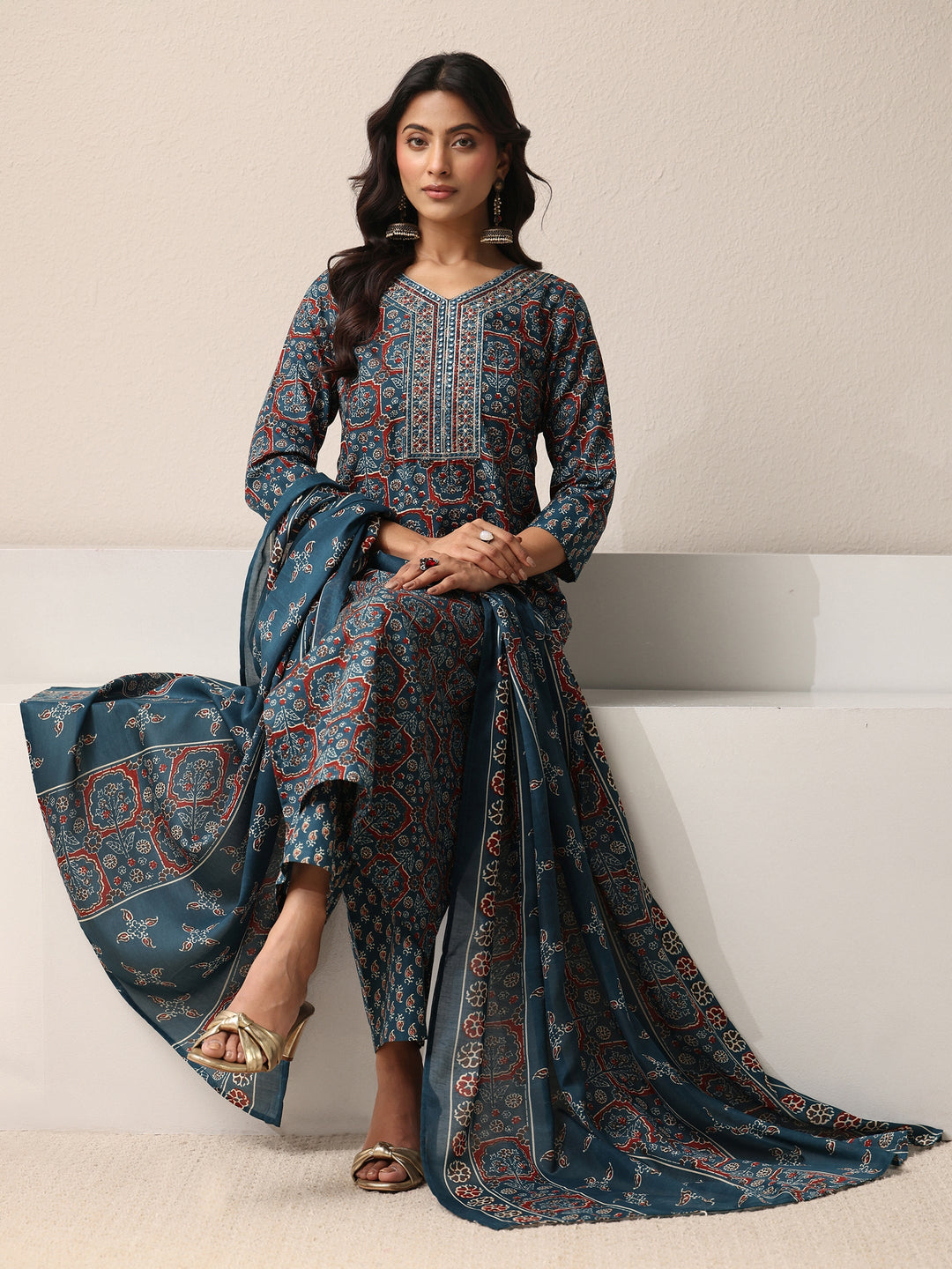 Blue Ethnic Printed Cotton Blend Straight Suit Set With Dupatta