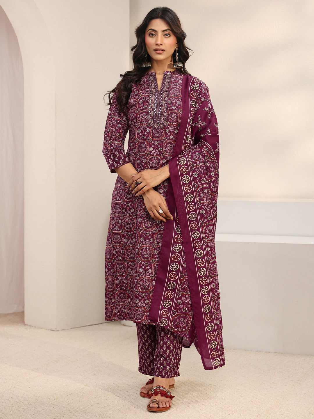 Maroon Ethnic Printed Cotton Blend Straight Suit Set With Dupatta