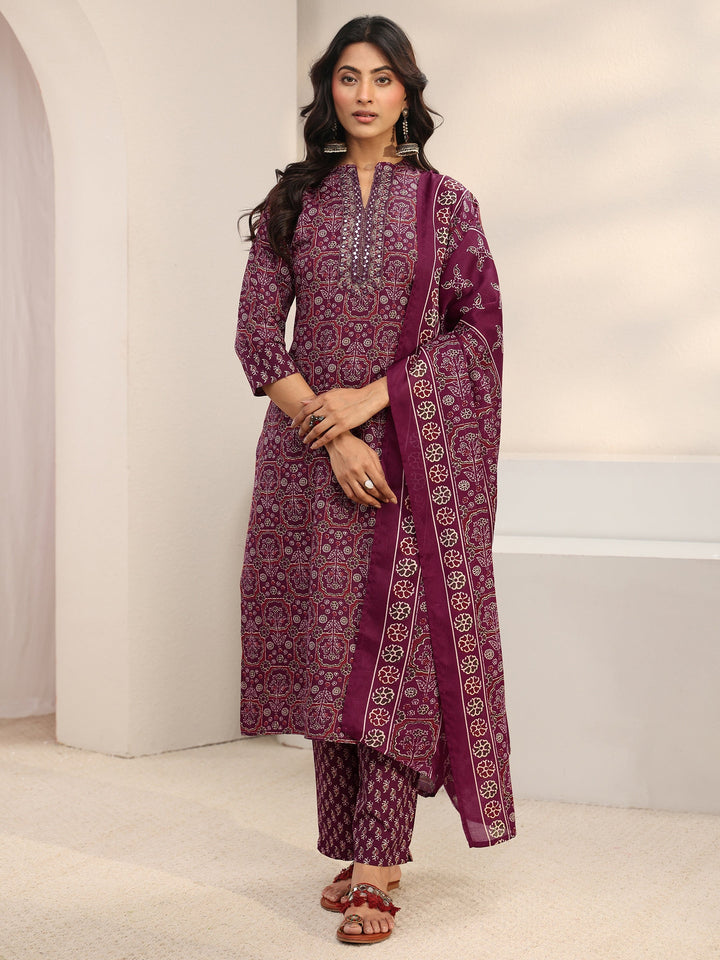 Maroon Ethnic Printed Cotton Blend Straight Suit Set With Dupatta
