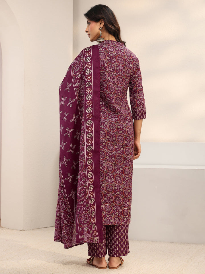Maroon Ethnic Printed Cotton Blend Straight Suit Set With Dupatta
