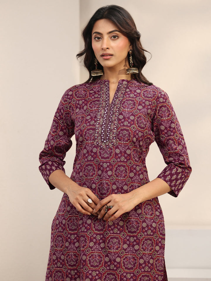 Maroon Ethnic Printed Cotton Blend Straight Suit Set With Dupatta