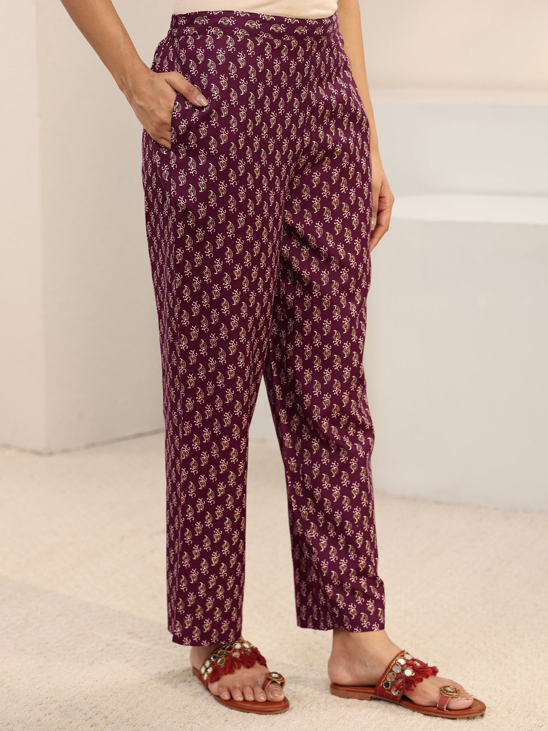 Maroon Ethnic Printed Cotton Blend Straight Suit Set With Dupatta