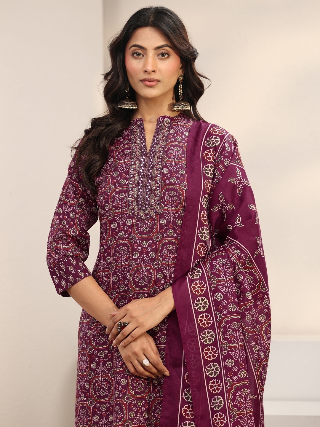 Maroon Ethnic Printed Cotton Blend Straight Suit Set With Dupatta